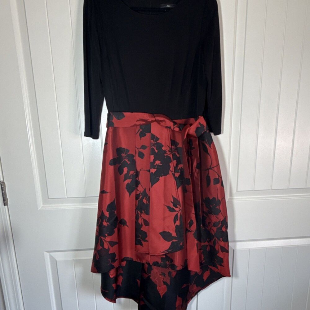 R&K Black Red Floral Hi-Low Fit & Flare Dress 3/4 Sleeve Round Neck Women's 12